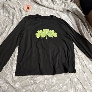 Black Long Sleeve Shirt with Green Clover Design